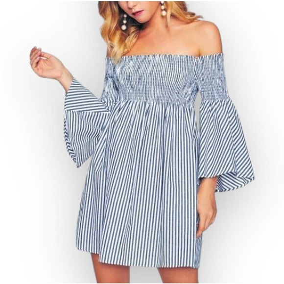 Zara Dresses & Skirts - SOLD Zara babydoll Mini Dress flare bell sleeves Striped Off Shoulder Smocked XS